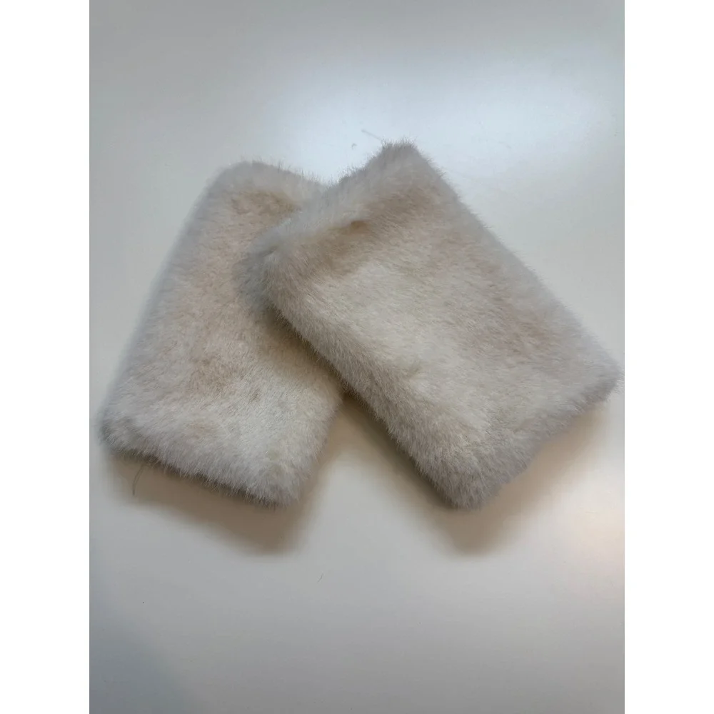 Faux Fur Fingerless Gloves Off White Winter Plush Hand Warmers One Size